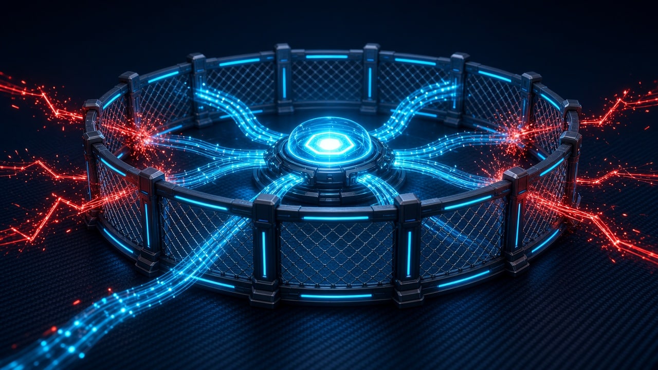 Perspective studio view of a secure mesh network perimeter barrier on dark navy carbon deflecting red lateral threat vectors, no text labels