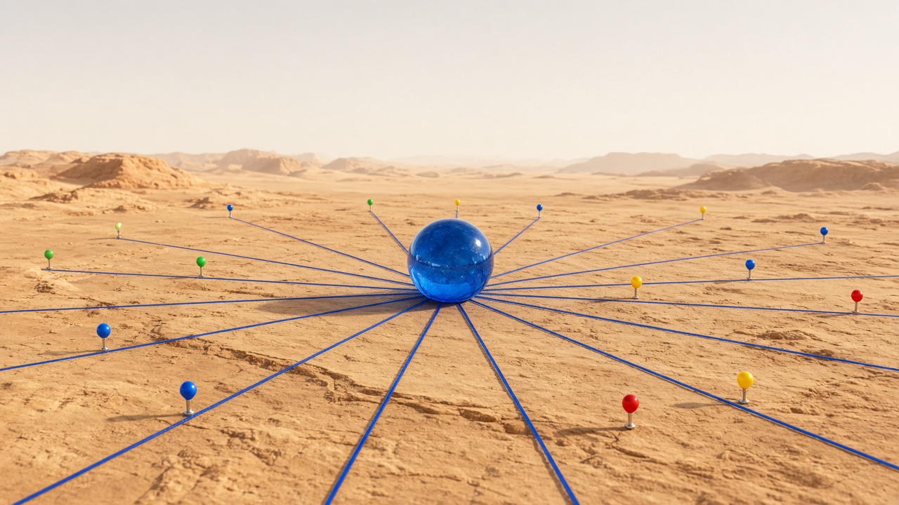 Bright desert-sandstone search map with a cobalt hub node and radiating topic-cluster pins