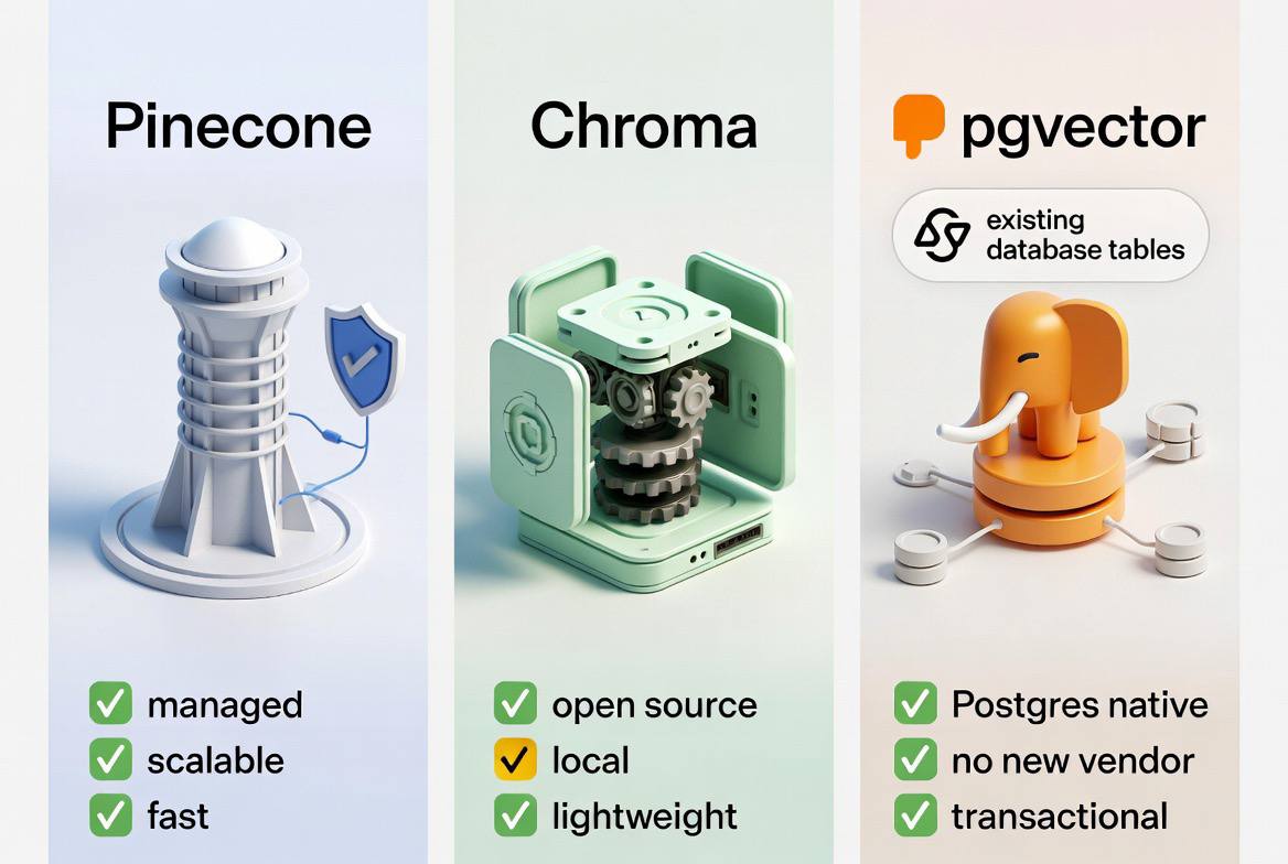 Comparison of Pinecone, Chroma, and pgvector vector databases for RAG systems