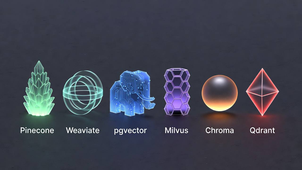 Vector database comparison showing Pinecone, Weaviate, pgvector, Milvus, Chroma, and Qdrant