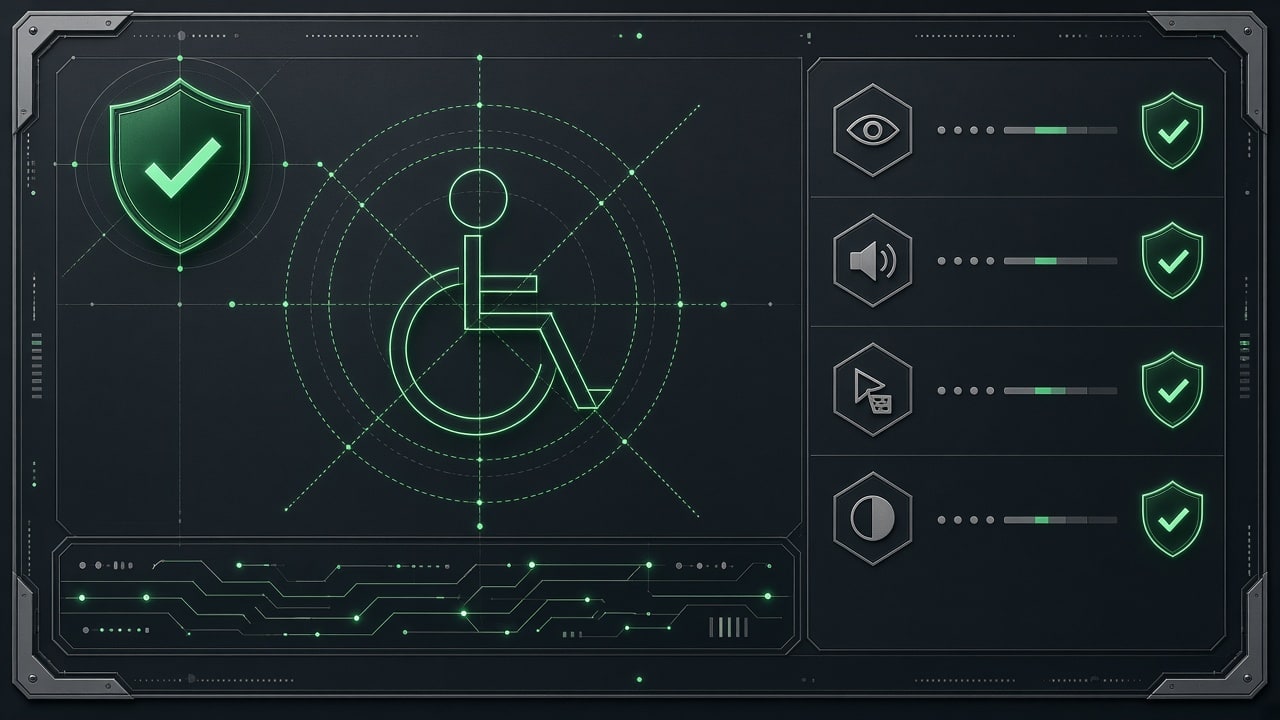 Modern technical orthographic engineering blueprint of an accessibility conformance evaluation report on dark charcoal and titanium slate with glowing emerald green verification shield emblems, no text labels
