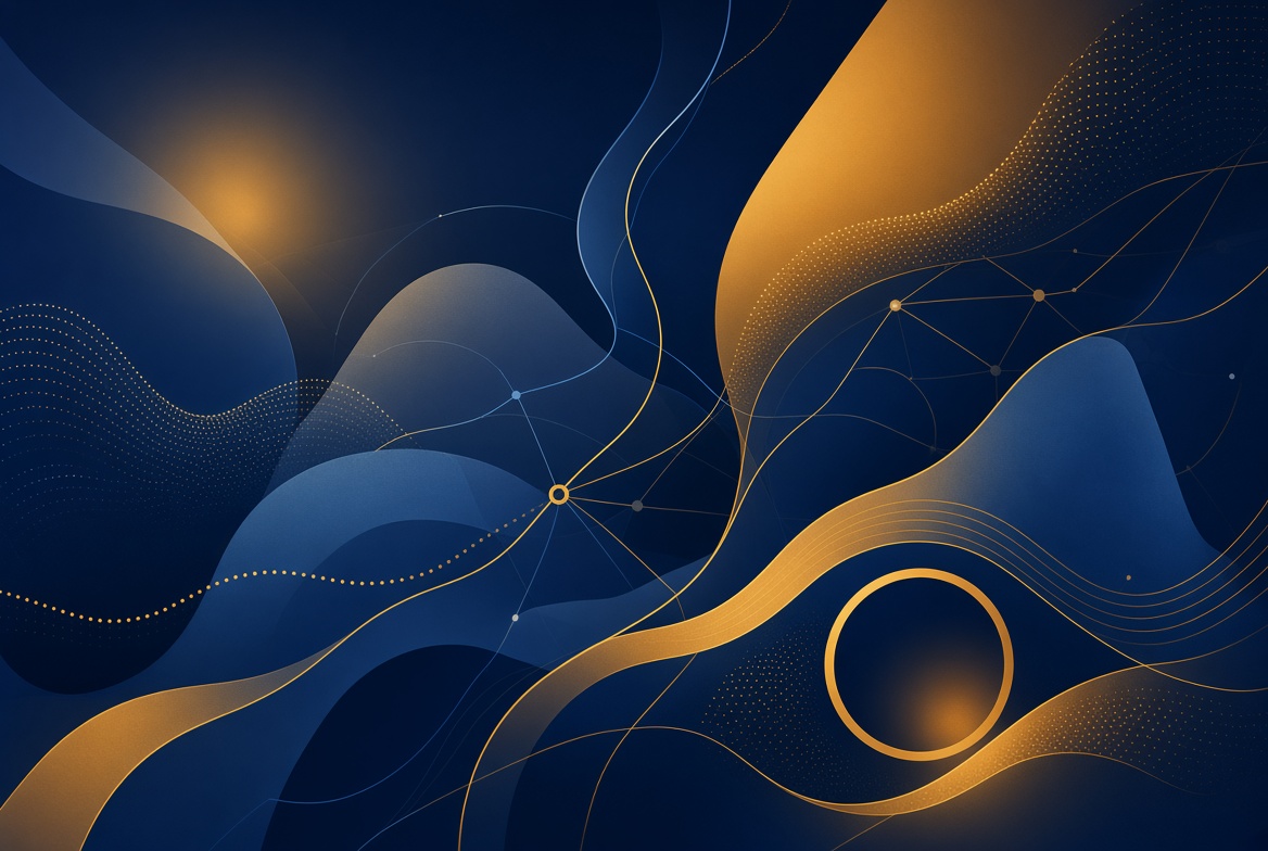 Abstract geometric visualization of digital accessibility pathways, deep navy and warm amber, no text labels